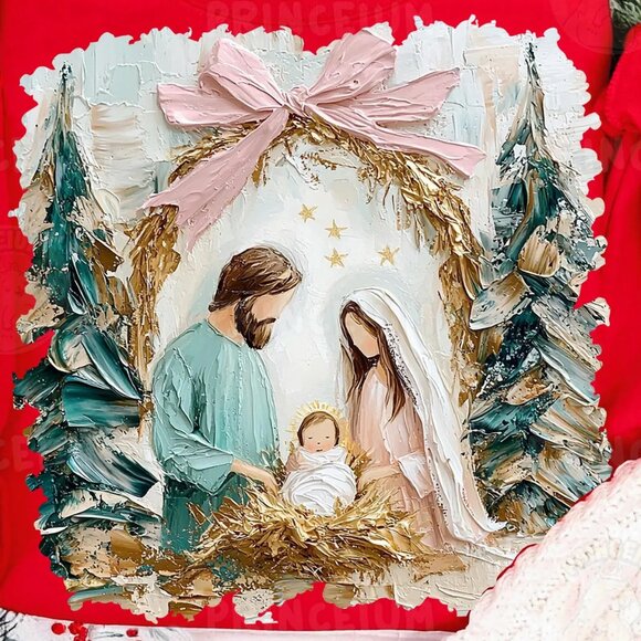 Nativity Scene Brush Stroke Christmas Sublimation Holy Family Shirt Baby Jesus - Picture 2 of 5